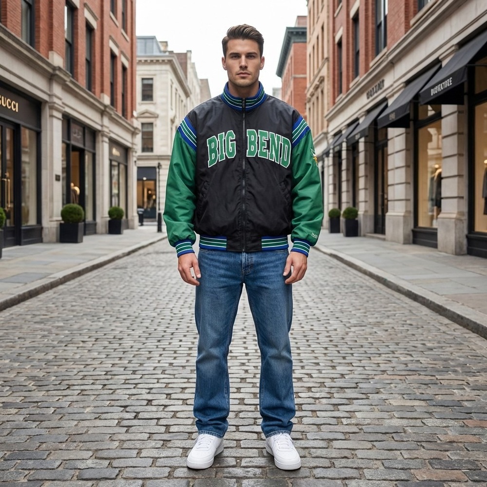 DeLONG Bomber Jacket Mens 3XL Black Green Big Bend Vintage Varsity Streetwear